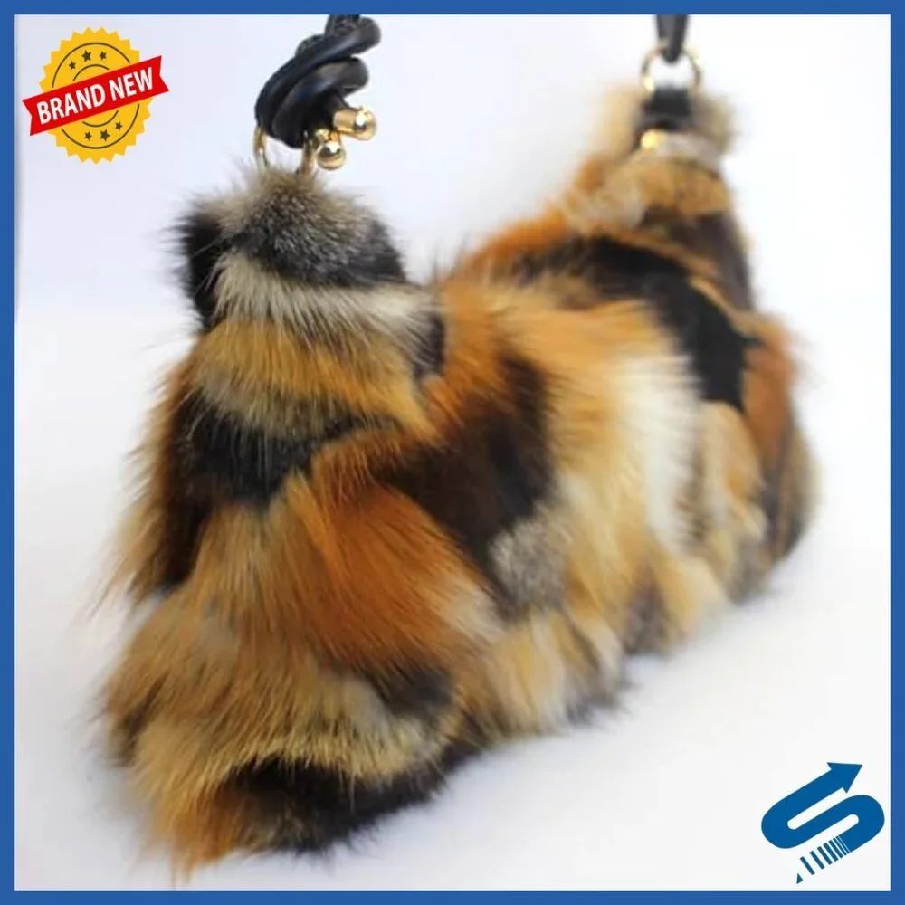 Genuine Fox Fur Hobo Bag with Leather Strap, 15-inch Luxury Handbag